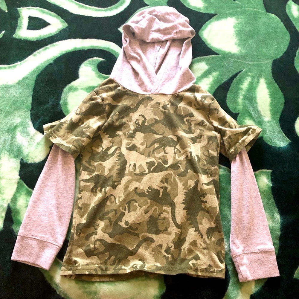 Toddler Boys Faux Layered Green and Grey Camouflage Dinosaur hooded shirt